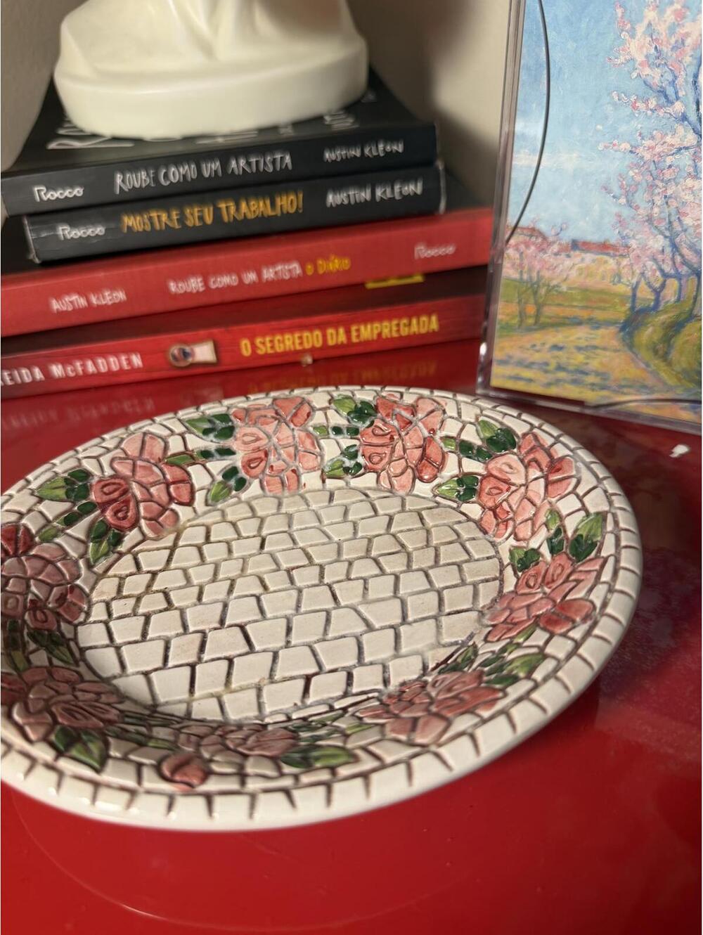 Italian Ceramic Platter, flower & mosaic